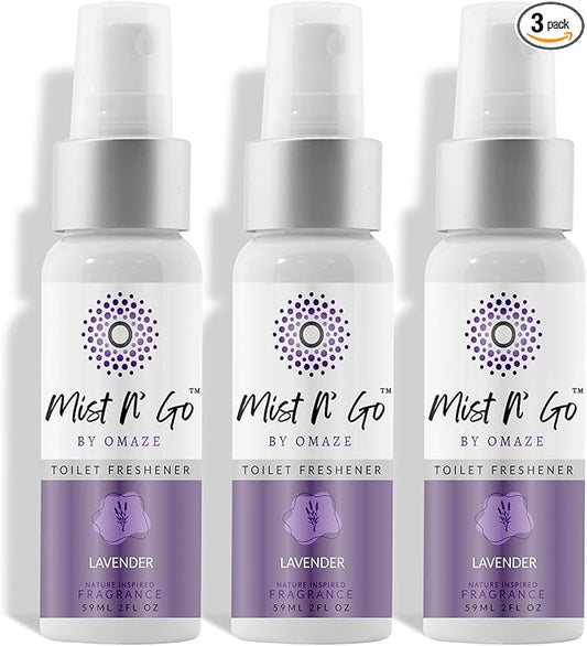 Mist N’ Go by Omaze Travel Bathroom Spray for Toilet Spray Odor Eliminator - Travel Toilet Spray for Bathroom Air Freshener Spray for Bathroom Deodorizer - Lavender Regular Size (2oz x3)