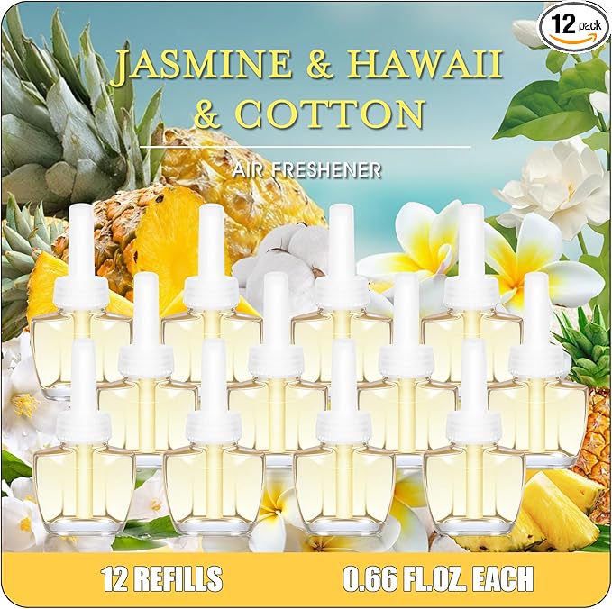 Plug In Air Freshener Refills for Home – Jasmine, Hawaiian, Cotton Scent, 12 Count, 7.92 Fl Oz, Compatible with Air Wick & Glade, Not for Glade Plus, Scented Refill for Home, Bathrooms, Bathroom Use