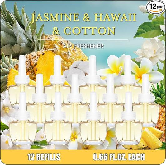 Plug In Air Freshener Refills for Home – Jasmine, Hawaiian, Cotton Scent, 12 Count, 7.92 Fl Oz, Compatible with Air Wick & Glade, Not for Glade Plus, Scented Refill for Home, Bathrooms, Bathroom Use