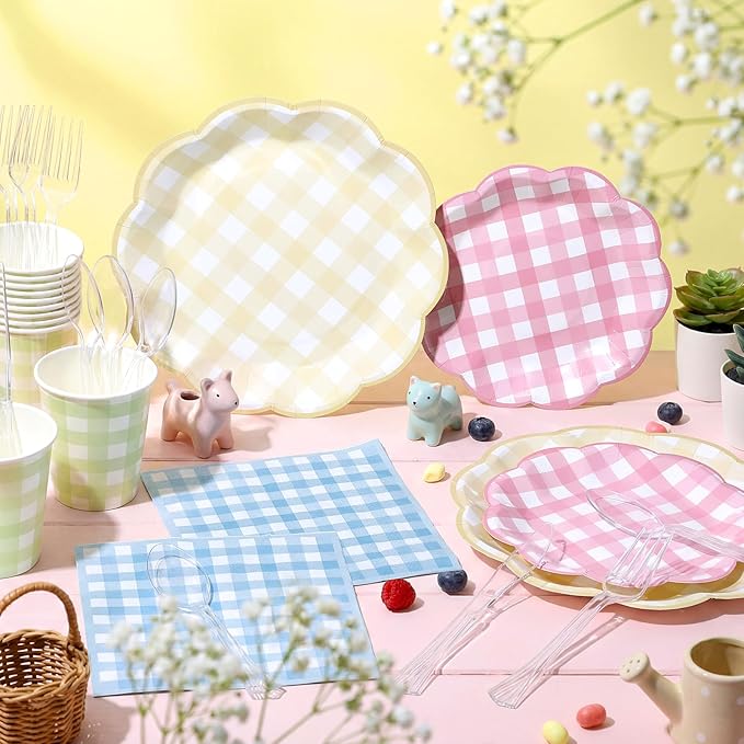 FillTouch 50 Sets Spring Pastel Gingham Disposable Tableware Pink Yellow Paper Plates Green Cups Blue Napkins Clear Knives Forks Spoons for Birthday Baby Shower Wedding Party Decoration