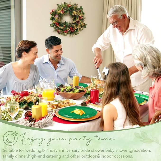 Mulbozy 100 Green Plates and Napkins Disposable Set Includes 25-9" & 25-7" Dessert Cake Scalloped Plates, Cocktail Napkins, Forks for for Holiday Party Supplies