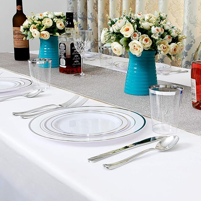 I00000 60pcs Silver Plastic Plates, Disposable Plastic Party Plates with White Silver Rim Heavy Duty Fancy Wedding Party Plates Include 30 Dinner Plates 10.25" and 30 Dessert Appetizer Plates 7.5"