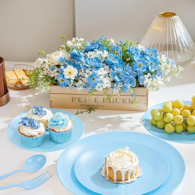 ejonirinjonir EI 150pcs Blue Plastic Plates Disposable Light Blue Baby Shower Plates Heavy Duty Dinnerware Set Plastic Silverware for Party,Wedding,Easter,Spring Afternoon Tea
