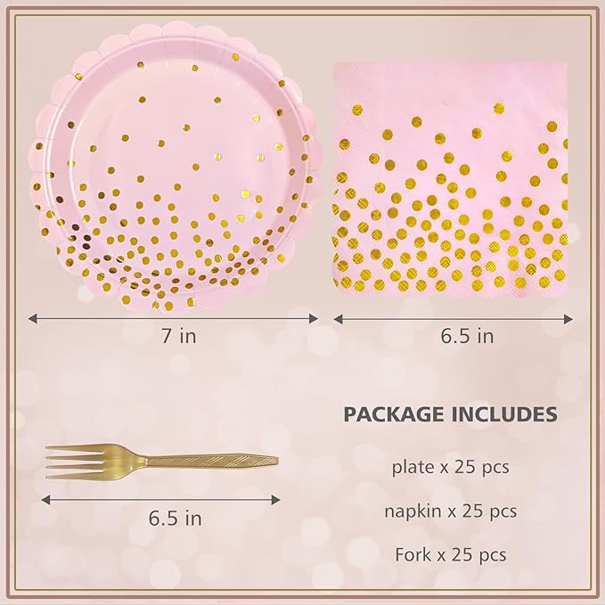 Pink and Gold Paper Plates and Napkins,7 Inch Pink and Gold Scalloped Disposable Dessert Plates Paper Napkin Fork Party Supplies for Wedding Baby Shower Birthday(25 Guest)