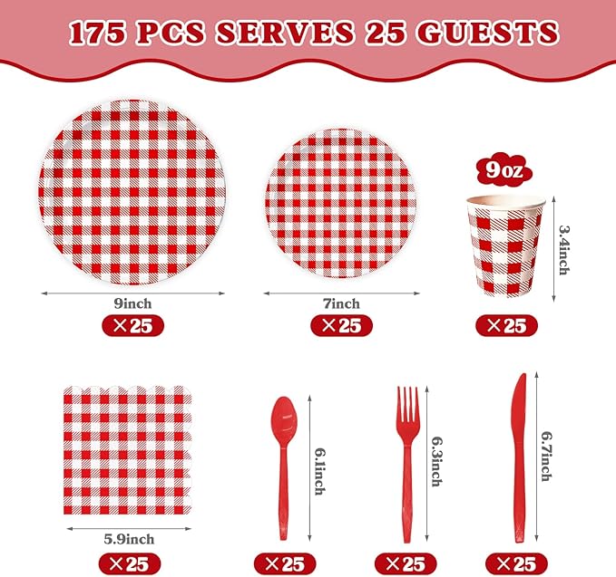 Vyntra Checkered Gingham Paper Plates and Napkins Set for 25" 9" Dinner Plates & 7" Dessert Plate, Birthday Party (Red Gingham, 175 Pcs)