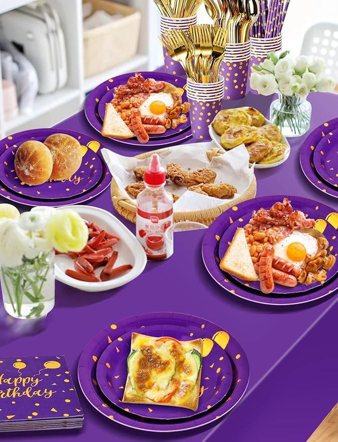 Nkaiso Birthday Party Tableware, 161 Pieces Purple Gold Party Supplies, Dinnerware Sets Include Paper Plates Napkins Cups Silverware, for Shower Engagement Parties Decoration -20 Serves