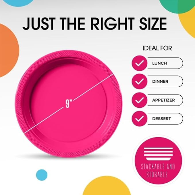 Exquisite Party Solids Cerise Plastic Plates For Party Supplies 9" Cerise Disposable Plates Heavy Duty 50 Pcs Plastic Dinnerware Sets Heavy Duty 350 GSM Disposable Dinnerware Set