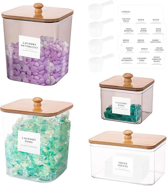 4 Pack Laundry Pods Container,Clear Dryer Sheet Holder & Laundry Room Organization and Storage with Lids, Scoops & Labels for Laundry Detergent, Powder, Dryer Balls, Beads (Mix Colors)