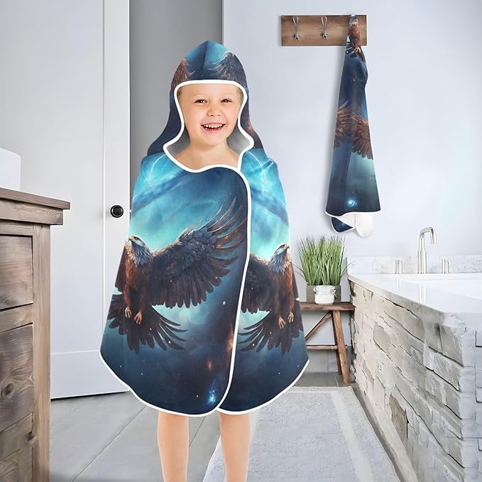 Hooded Towel for Kids Flying Eagle in Space Pattern Beach Wrap Bath Towels 50x23.5in