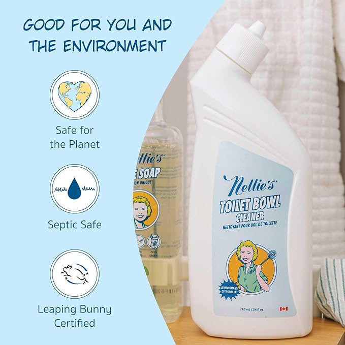 Nellie's Toilet Bowl Cleaner – Gentle Plant-Based Formula – Septic-Safe and Effective Cleaning Solution with Refreshing Lemongrass Scent – Made in Canada