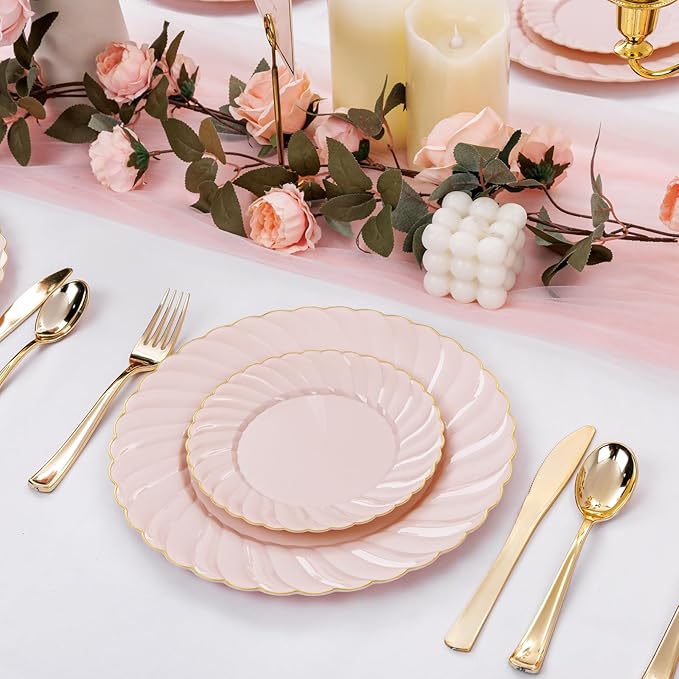 YOUBET 125Pcs Pink Plastic Plates with Gold Rim - Scalloped Plastic Plates Set Includes 25 Dinner, 25 Dessert Plate, 75 Gold Silverware for 25 Guests for Wedding Birthday Baby Shower