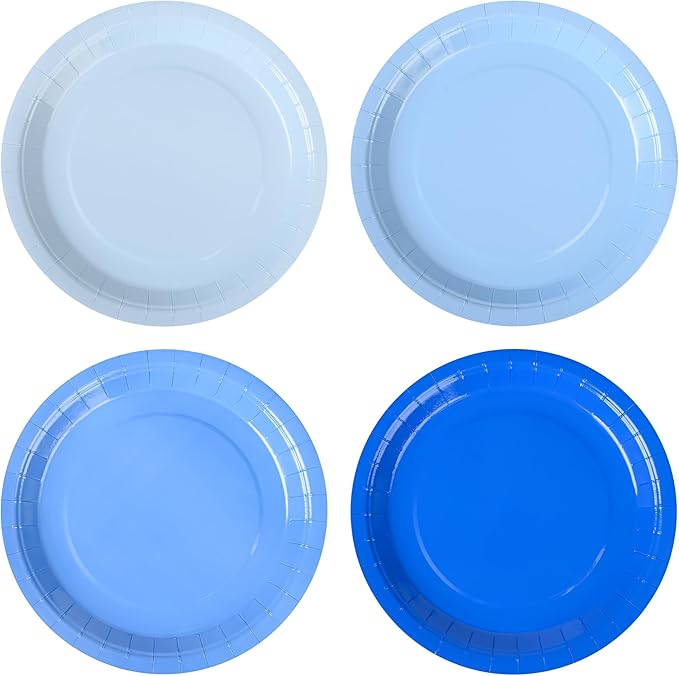 AimFun 24Pcs Blue Party Plates Gradient Blue Paper Plates 9 Inch Disposable Round Dinner Dessert Plate for Summer Beach Ocean Birthday Wedding Baby Shower Hanukkah Party Supplies