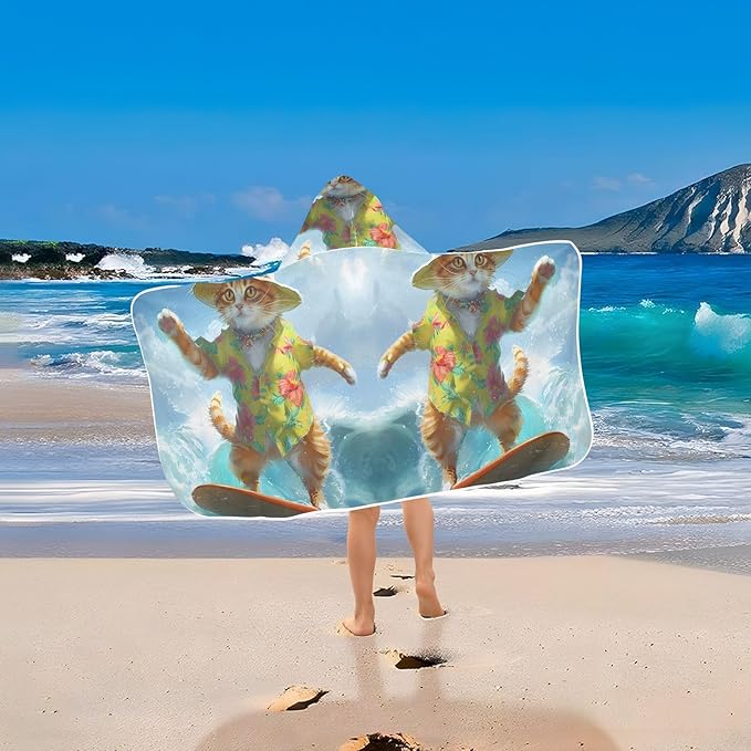 Hooded Towel for Kids Summer Cat Surfing Beach Wrap Bath Towels 50x23.5in