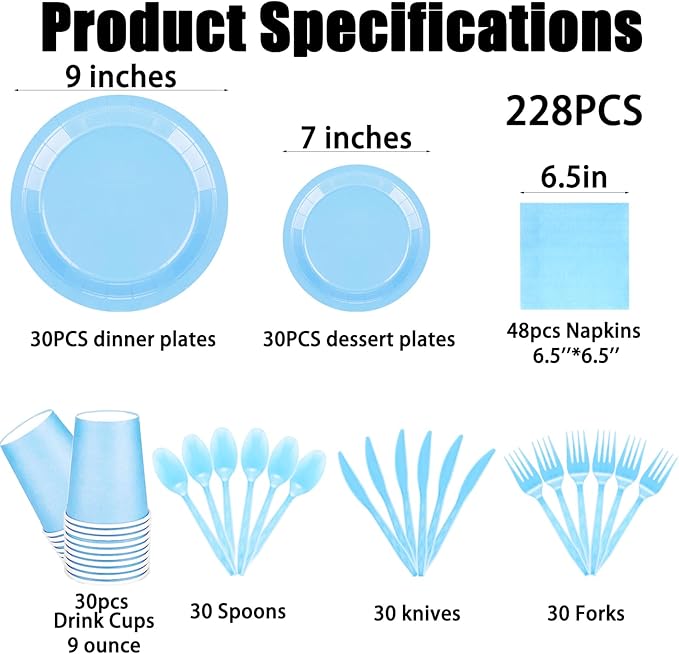 228PCS Light Blue Party Supplies Set Include Paper Plates Cups Paper Napkins Plastic Spoons Forks Knives for 30 Guests Disposable Party Dinnerware for Birthday Wedding Family Picnic
