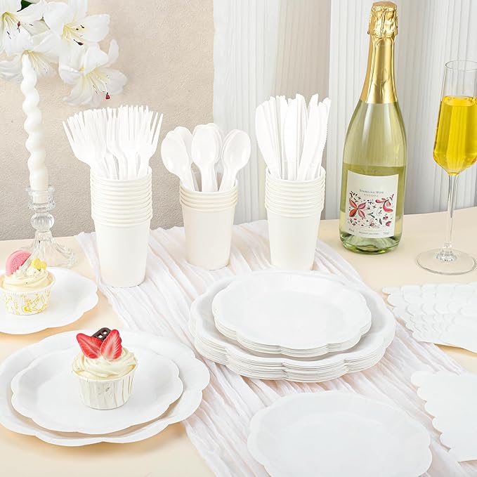 NatNarr 175 Pcs White Plates and Napkins Set, 25 Guest White Party Supplies Include Scalloped Plate Paper Napkin Cup Forks Knives Disposable Plastic Cutlery for Wedding Baby Shower Birthday Party