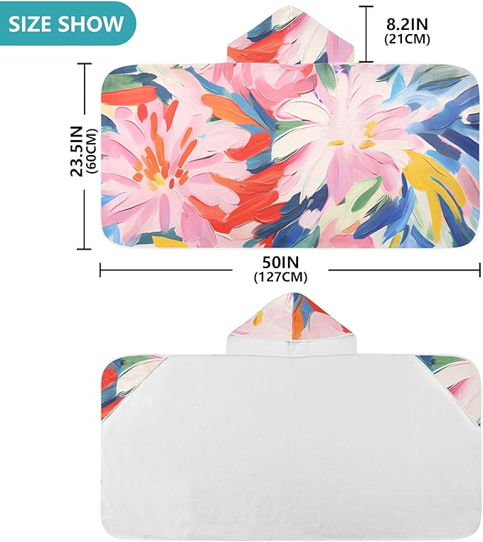 Hooded Towel for Kids Artistic Floral Pattern Beach Wrap Bath Towels 50x23.5in