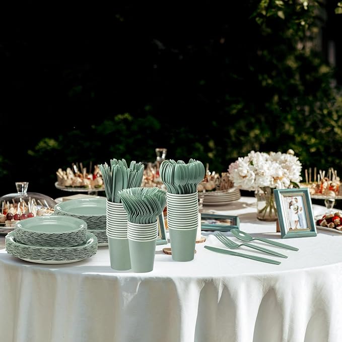 Ziliny 350 Pcs Sage Green Plates and Napkins, 50 Guest Graduation Party Supplies Include Scalloped Paper Plates Napkins Cups Plastic Spoons Forks Knives Disposable Tableware Set for Baby Shower