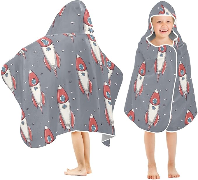 Hooded Beach Towel for Kids Cartoon Space Rockets Gray Hooded Beach Bath Towel Soft Toddler Towels