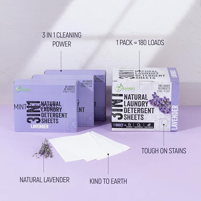 180 Loads Natural Laundry Detergent Sheets - All Natural Biodegradable And Dissolvable Washing Machine Dry Soap Laundry Detergent Strips, Mess Free, Eco Friendly, 90 Sheet Pack (Calm Lavender)