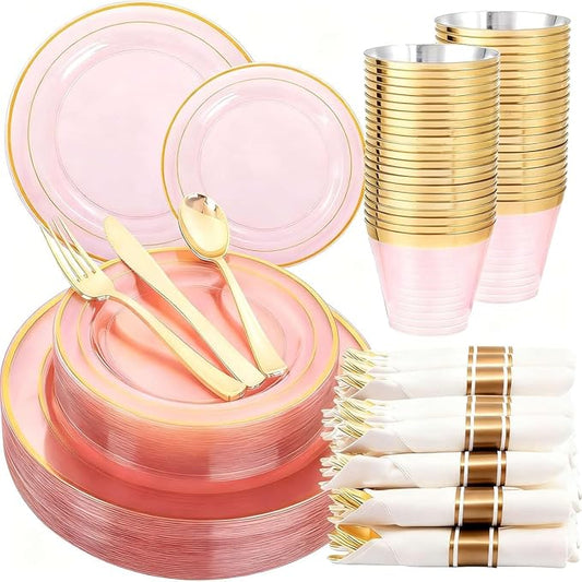 WELLIFE 350Pcs Clear-Pink Plastic Dinnerware- Pink and Gold Plastic Dinnerware include 50 Dinner Plates, 50 Dessert Plates, 150 Gold Silverware, 50 Cups and 50 Napkins Perfect for Parties