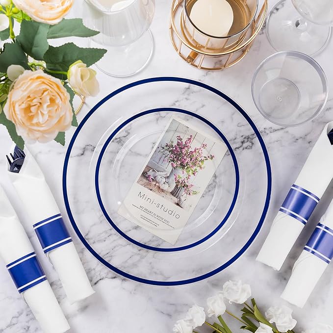 Goodluck 350 Piece Dark Blue Plastic Dinnerware Set for Party, Clear Disposable Plates for 50 Guests, Includes 100Plates, 50 Pre Rolled Napkins with Cutlery Set, 50 Cups, for Graduation, Birthday