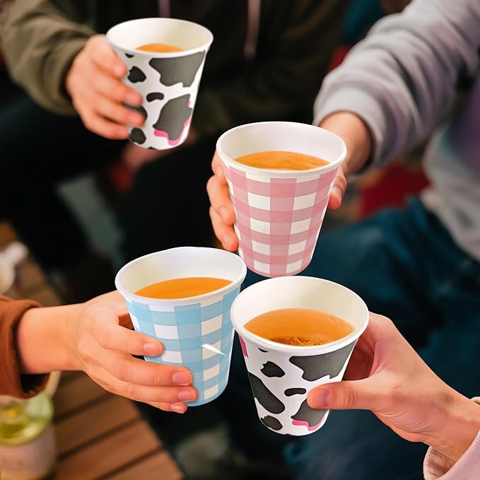 Light Blue and Pink Paper Cups,9 Oz Gingham Light Blue and Pink Disposable Cups,Paper Cups for Birthday Wedding Party Supplies(50 Pcs)