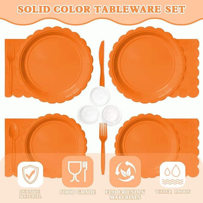 Vyntra 350 Pcs Orange Disposable Paper Plates and Napkins Set for 50, 9" Dinner Plates & 7" Dessert Plates, Tableware for Halloween, Fall Party, Birthday, Picnic