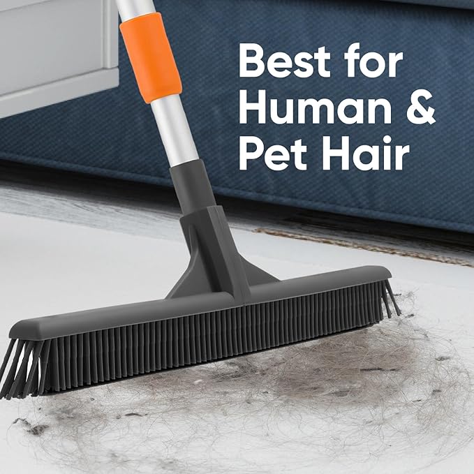 Superio Silicone Broom - Carpet Rake with 35" Long Handle Dustpan Set - Rubber Broom for Pet Hair on Carpet & Hardwood Floors, Stand-Up Dustpan with Aluminum Handle - Gray