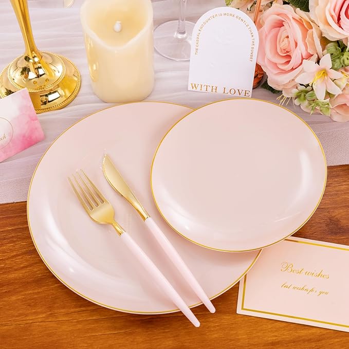 Liacere 150PCS Plastic Plates-Gold Plastic Silverware with Pink Handle - Pink Disposable Plates Include 30 Guests Plates, Forks, Spoons, Knives for Wedding＆Easter Day & Mothers Day