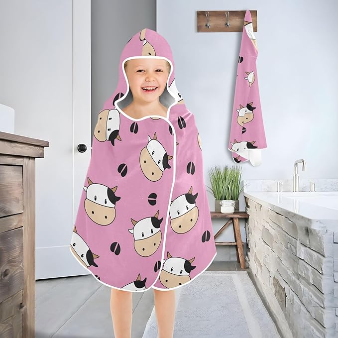 susiyo Kids Hooded Bath Towel Cow Pink Beach Towel for Kids 23.5 x 50 Inch Microfiber Soft Absorbent Quick Dry Bath Swim Pool Towel Wrap Poncho Bathrobe with Hood for Kids Toddler