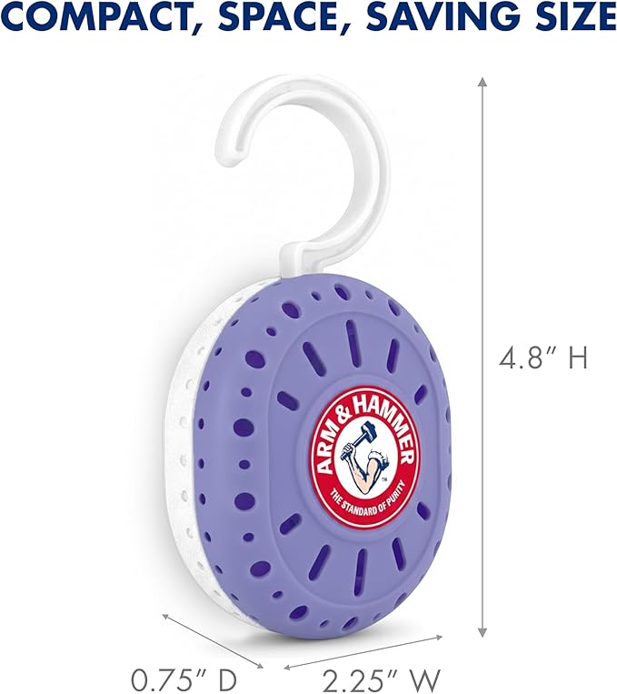 Arm & Hammer OdorBusterz ClosetMATE™, Lavender, 4 Count – Hanging Odor Absorber with Baking Soda, 360° Rotating Hook for Closets, Lockers & Storage Areas