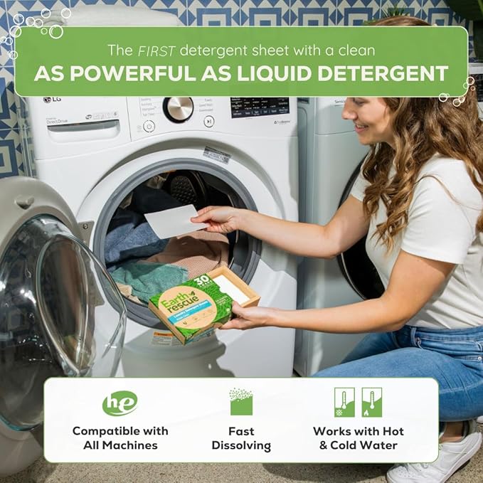 Earth Rescue Laundry Detergent Sheets - Up To 120 Loads (60 Sheets) - Ultra Concentrated Liquidless Dry Laundry Detergent, Ideal For Sensitive Skin, Eco Friendly, Plastic Free - Fresh Linen
