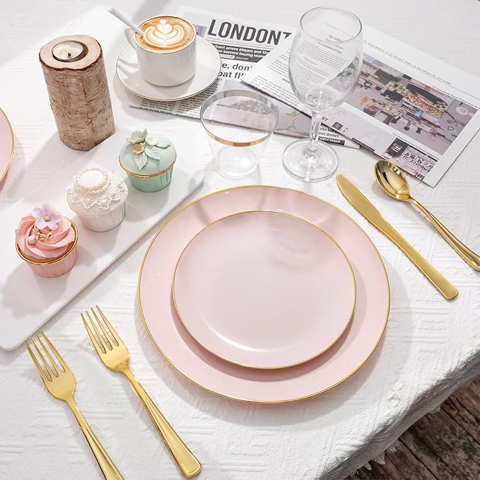 WDF 300Pcs Pink Plates Disposable - Pink and Gold Plastic Dinnerware Set for 50 Guests Include 50 Dinner & Cake Plates & 50 Disposable Cutlery & 50 9oz Cups for Wedding/Baby Shower/Birthday