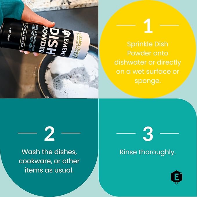 ELEMENT Dish Powder | Pre-Filled Refillable Shaker with Grease-Fighting Dish Soap | Liquidless, Plastic-Free | No Harsh Chemicals (16 OZ in Refillable Shaker, Fragrance-Free)