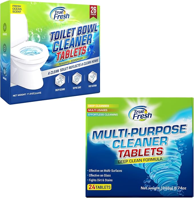 True Fresh 2-in-1 Toilet Bowl Cleaner Tablets 26 Pack & Multi Surface All Purpose Cleaning Tablets 24-Pack, Rapid Dissolving Formula, Septic Safe, Stain Remover for Long-Lasting Freshness and Shine