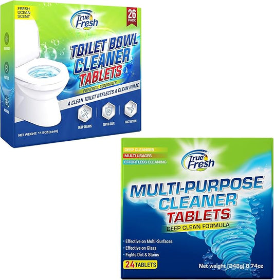 True Fresh 2-in-1 Toilet Bowl Cleaner Tablets 26 Pack & Multi Surface All Purpose Cleaning Tablets 24-Pack, Rapid Dissolving Formula, Septic Safe, Stain Remover for Long-Lasting Freshness and Shine