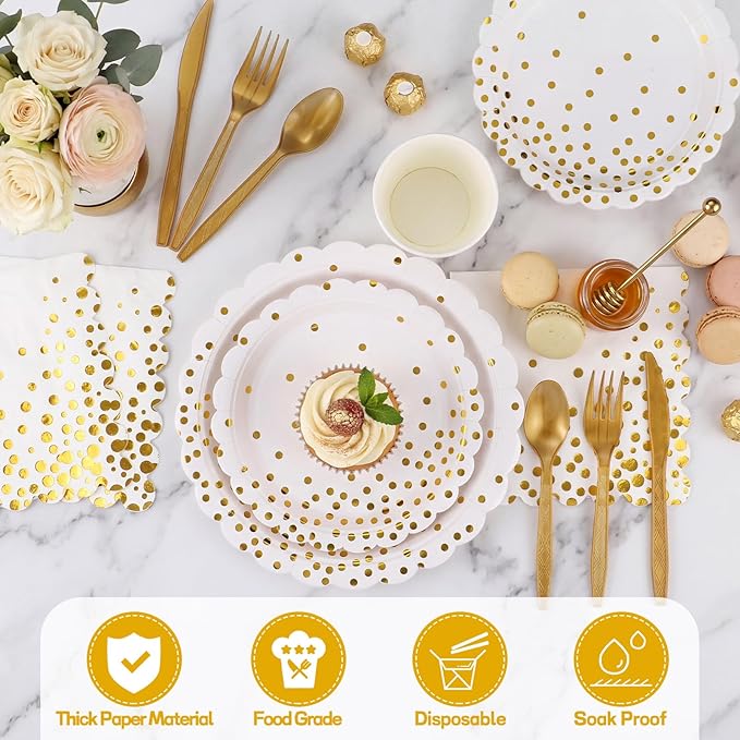 175 Pcs White and Gold Paper Plates and Napkins, Disposable Gold Party Dinnerware Include Scalloped Party Plates Napkin Cups Plastic Cutlery for Birthday Wedding Graduation Congratulations