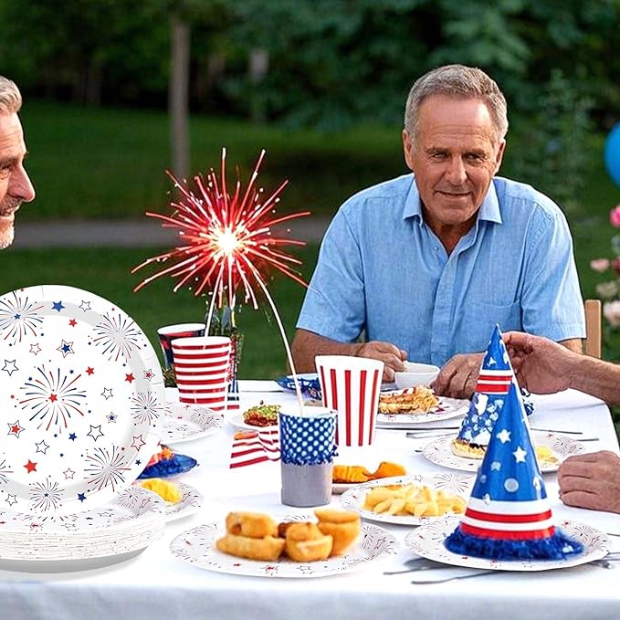 50 Pcs 4th of July Paper Plates 10" Large Stars Fireworks Decorative Plate Heavy Duty Disposable American Flag Plates Patriotic Platters for 250th Anniversary Independence Day Party Decorations