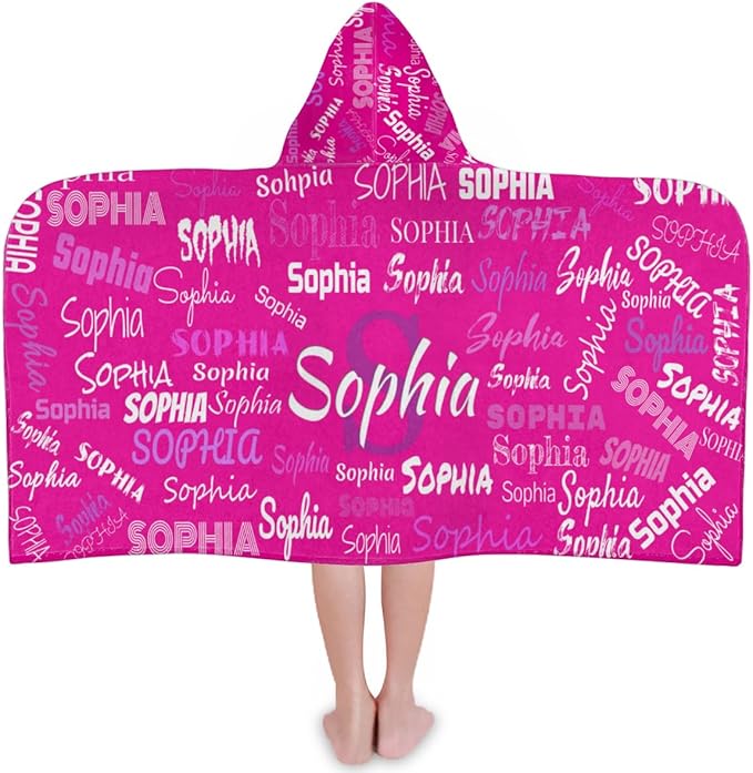 Custom Name Beach Towel for Boys Girls, Kids Babies Personalized Name Hooded Beach Towel Quick-Drying for Beach, Travel, Camping, Seaside, Swimming, Rosy Pink Color Background