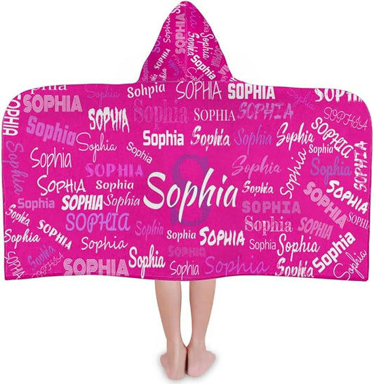 Custom Name Beach Towel for Boys Girls, Kids Babies Personalized Name Hooded Beach Towel Quick-Drying for Beach, Travel, Camping, Seaside, Swimming, Rosy Pink Color Background