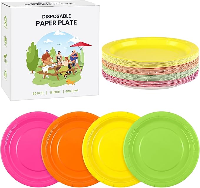 Kochorie 60 Pieces Neon Disposable Paper Plates 9 Inch Heavy Duty Dinner Plates, Solid Color, Table Decorations Party Supplies for Birthdays, Weddings, Daily Use