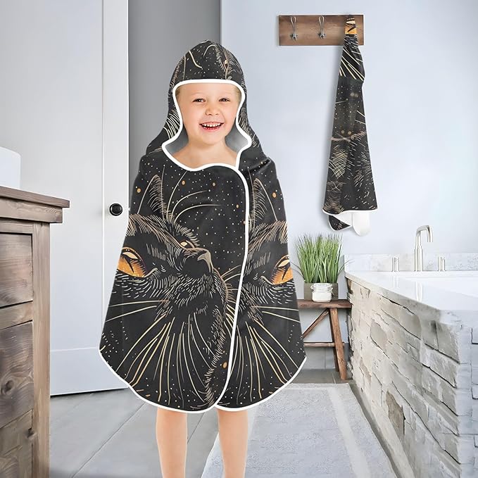 Hooded Towel for Kids Black Cat Looking Up Sky Beach Wrap Bath Towels 50x23.5in