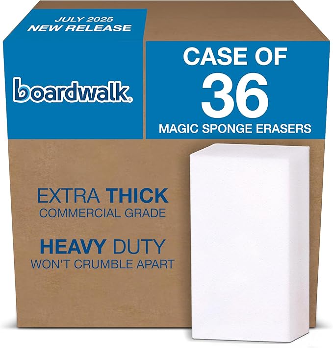 Boardwalk Eraser Cleaning Pads, 36-Pack, 2.5" x 4.5", 1" Thick, White, Chemical-Free, Quick & Easy Cleaning