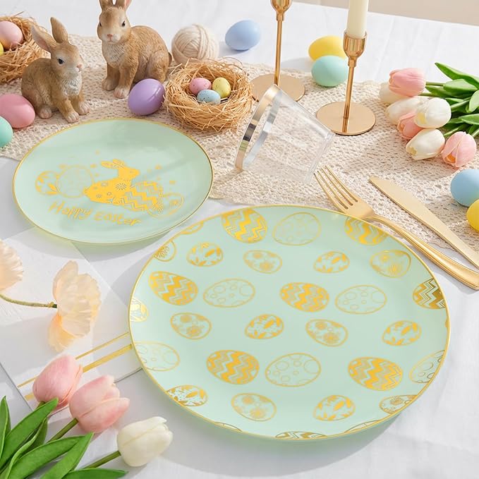 Festiva 175Pcs Easter Plates and Napkins Disposable - Green and Gold Plastic Dinnerware Set for 50 guests include 50 Plates 25Cups 25Plastic Silverware 25Napkins Perfect for Easter Party