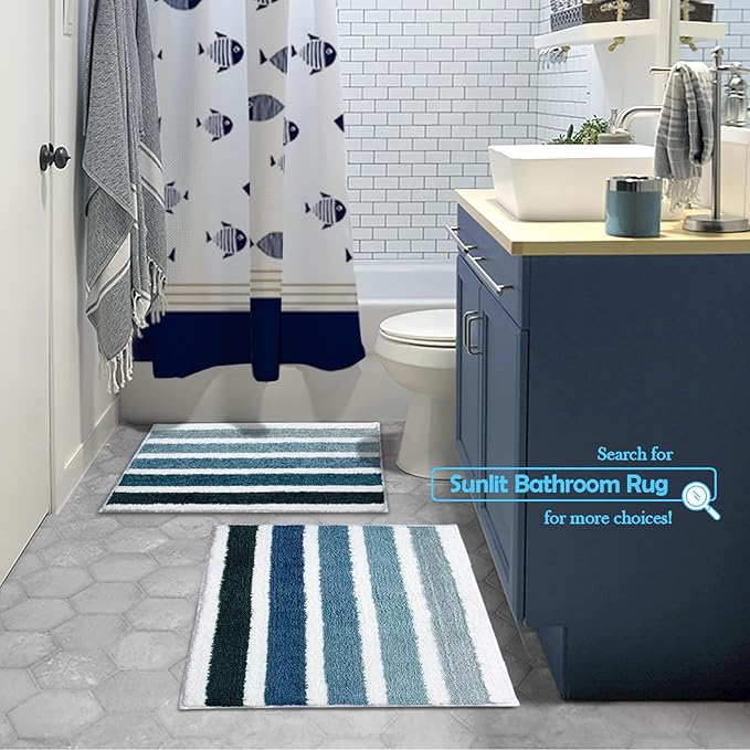 Sunlit Ombre Blue Bathroom Rug Nautical Bath Mat for Bathroom Non Slip Set of 2 Blue and White (30"x20" & 24"x17")