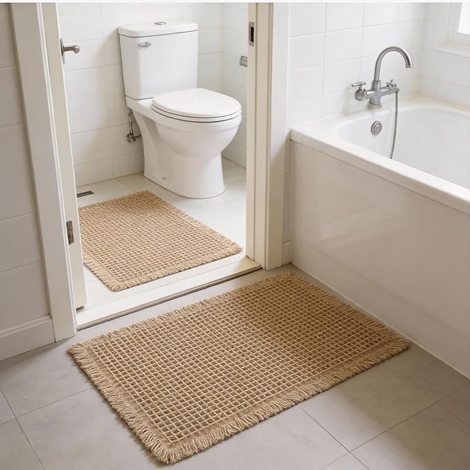 Waffle Bathroom Rugs, Non Slip Absorbent Waffle Knit Bath Mat for Shower Floor, Tub and Bathroom Door, Ultra Soft Quick Dry, Brown, 18"x30"
