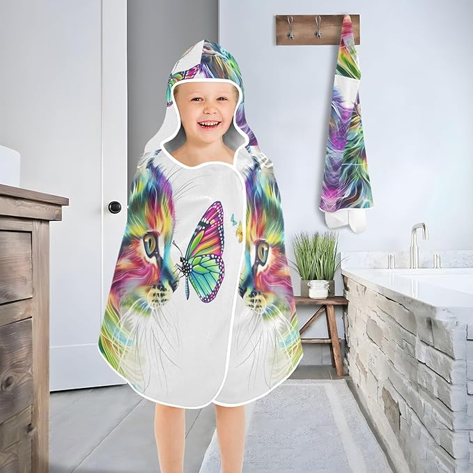 Hooded Towel for Kids Cat of Multiple Colors Staring at Butterfly Beach Wrap Bath Towels 50x23.5in