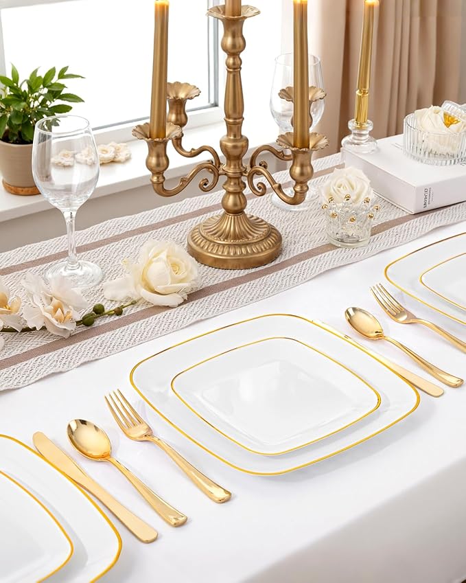 bUCLA 100PCS White Plates with Gold Trim - Heavy Duty White Gold Square Disposable - Include 50 Each (10 inch Dinner & 7.25 inch Dessert) Plates for Party & Wedding