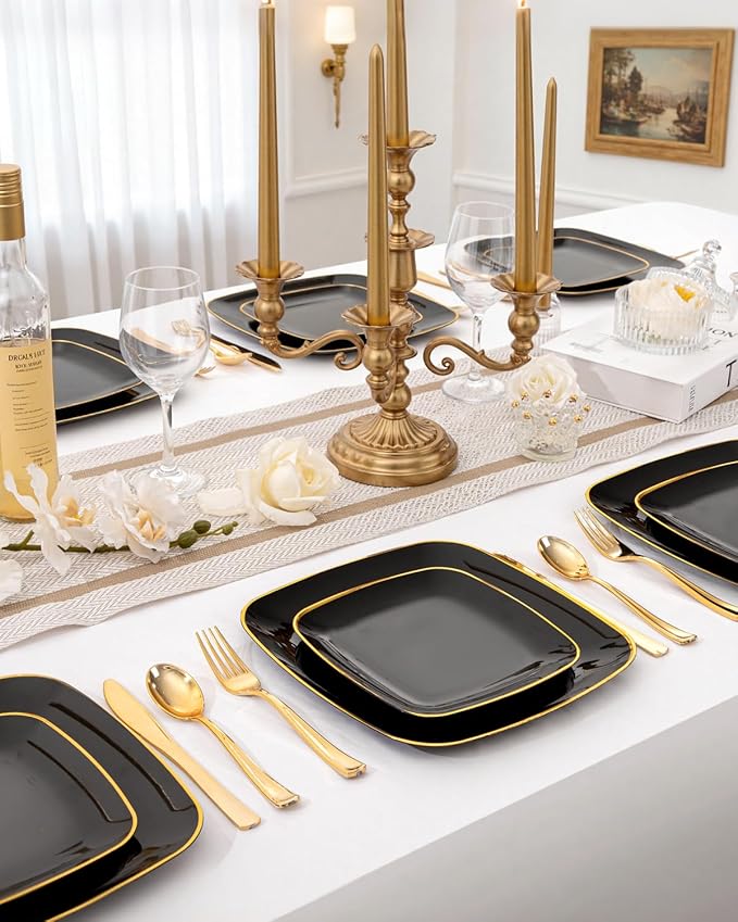 bUCLA 100PCS Black Plastic Plates with Gold Trim - Heavy Duty Black Gold Square Plates Disposable - Include 50 Each (Dinner & Dessert) for Party & Graduation