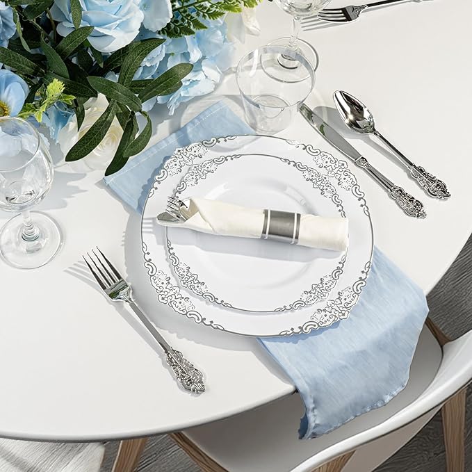 Bestluck 175PCS White and Silver Plastic Plates for 25 Guests, Disposable Dinnerware Sets Include 50 Plastic Plates, 25 Silverwares, 25 Cups, and 25 Pre Rolled Napkins for Party, Graduation